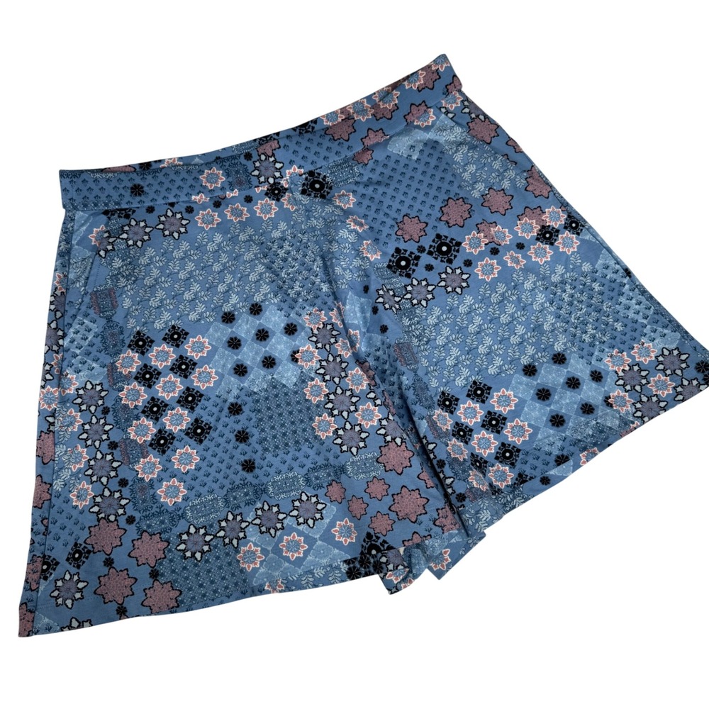 JJill Wearever Collection Shorts Blue Patchwork‎ Floral Print Elastic Waist Sz M